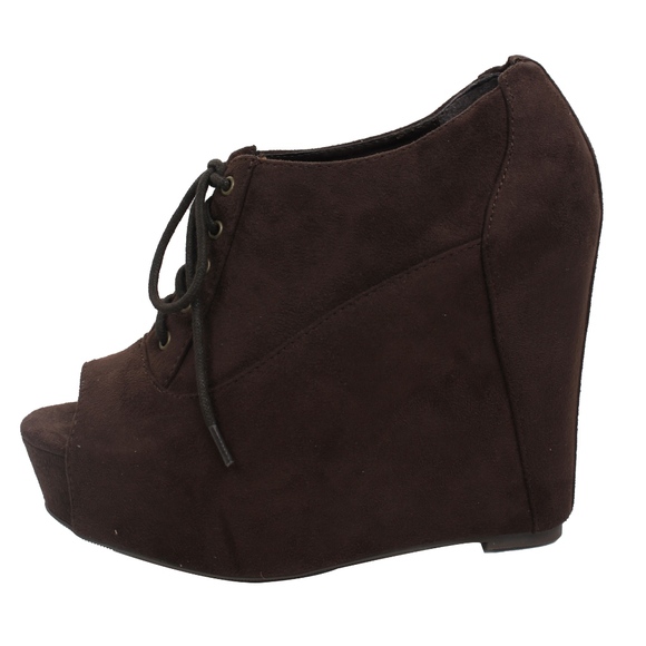 Brown Faux Suede Peep Toe Lace Up Platform Wedge - Picture 2 of 4